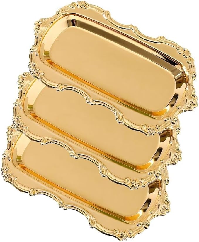 3PCS 8in Vintage Serving Trays Set Decorative Tray Metal Tableware Platters for Cookies Desserts Party Food Display (Gold)