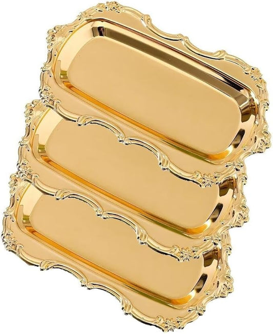3PCS 8in Vintage Serving Trays Set Decorative Tray Metal Tableware Platters for Cookies Desserts Party Food Display (Gold)