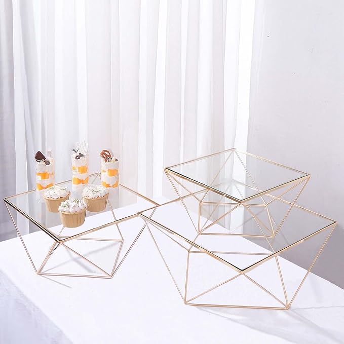 Efavormart Set of 3 Metal Geometric Cake Stand Gold Cake Riser with Glass Top Glossy Metallic Finish for Dessert Cupcake Pastry Candy Display Plate Event, Birthday Party