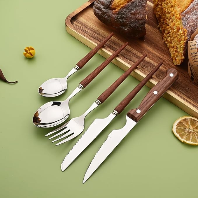 20-Piece Wood Handle Silverware Set 304 Stainless Steel Flatware Set Service For 4, Forks Spoons and Knives Set for Home, Restaurant, Wedding, Party (Rosewood)