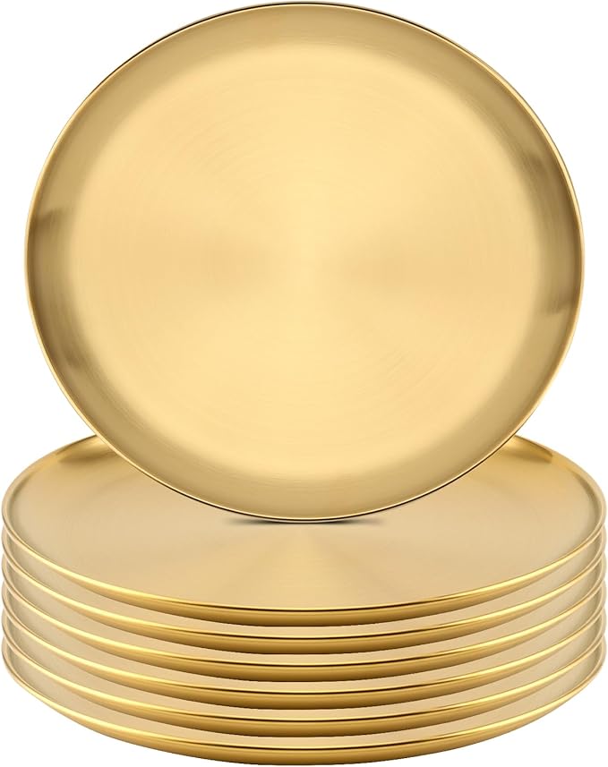 MOUYAT 6 PCS 8 Inch Large Stainless Steel Plate, 20cm Round Dinner Metal Plates, Metal Salad Steak Plates Reusable Dinner Dish for Eating Serving Camping Outdoor BBQ Home Kitchen, Frosted Gold
