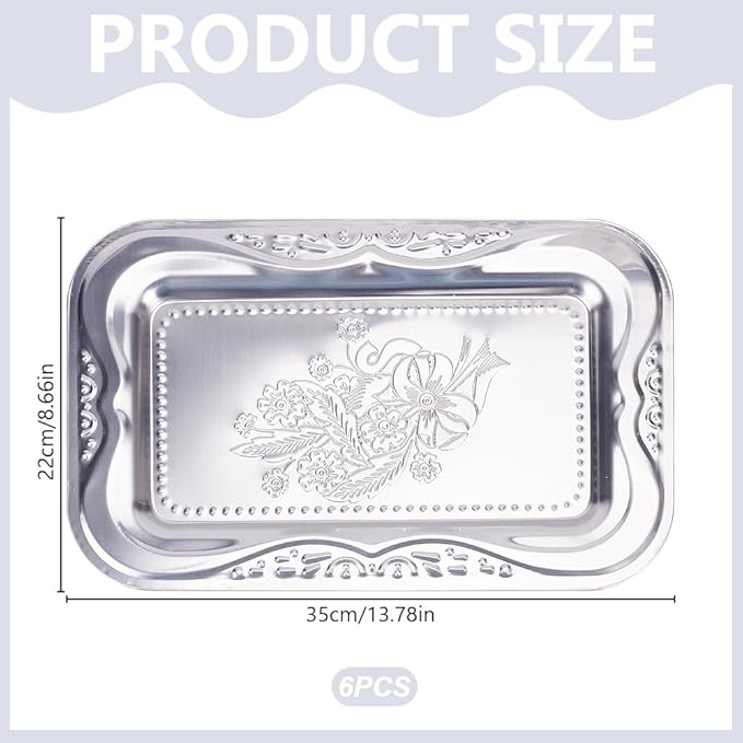 ORIGACH 6 Pack 13.78x8.58 Inch Large Sliver Serving Trays Set, Rectangle Engraved Floral Border Mirror Tray, Stainless Steel Tableware Platters for Cookies, Desserts, Wedding & Birthday Display