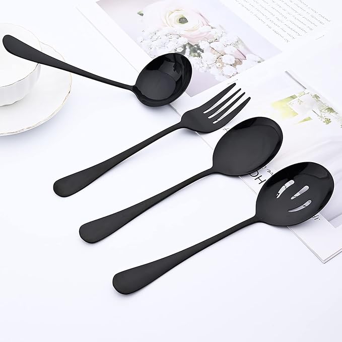 35-Piece Black Silverware Set For 6, Premium Stainless Steel Cutlery Serving Utensils, Modren & Classic Tableware For Home Kitchen Restaurant Party, Mirror Finish, Dishwasher Safe