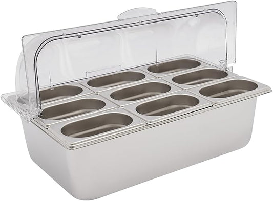 9 Pans Ice Food Serving Display Container w/Clear Roll Top Cover, Stainless Steel Serving Tray Catering Supplies Buffet Display Condiment Dispenser Plate Case for Restaurant Hotel Kitchen