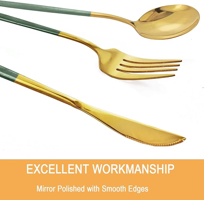 24-Piece Green Gold Korean Silverware Sets Mirror Polished Stainless Steel Modern Flatware Cutlery Set Service for 6 Including Forks Spoons Knives Kitchen(Dark Green Gold)
