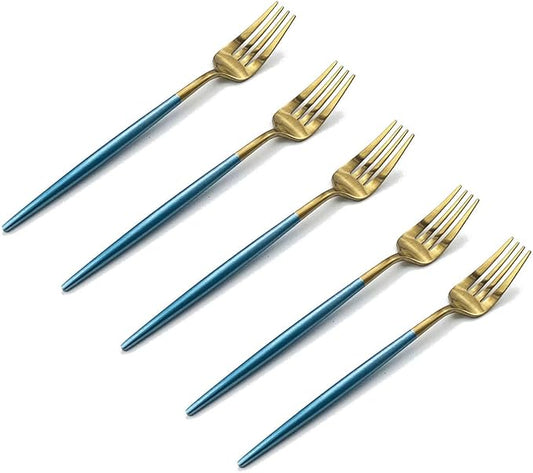 Gugrida Blue Gold Flatware Set, Royal 5 Pieces Matte Blue Handle 18/10 Stainless Steel Dessert Fork Salad Fork 7.09", Camping Cutlery Silverware Travel Utensils Set Tableware