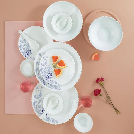 Borosil Gourmet Dinnerware Set For 6, 35 Pieces, White Dinner Plates and Bowls Sets, Chip Resistant Tempered Opal Glass, Stain Resistant, Dishwasher & Microwave Safe Dinner Set For Gifting