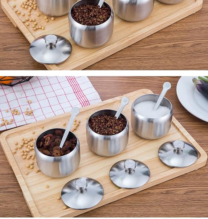 TENTA KITCHEN TENT 18/8 Stainless Steel Seasoning Containers Set Spice Jar Spice Rack Condiment Cruet Bottle Salt Pepper Sugar Storage Organizers with 3 Serving Spoons And Non-slip Base