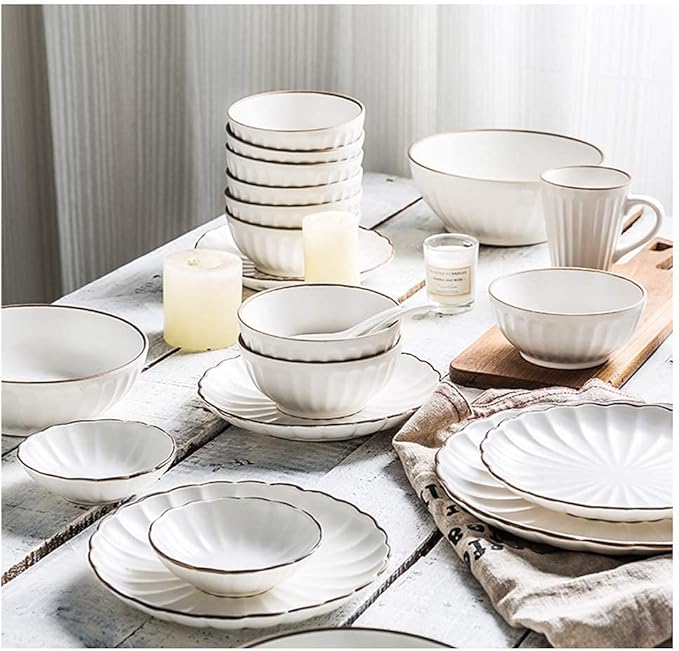 Dinner Set,Ceramics Dinner Sets, 45 Pieces Petal Design Matte Porcelain Dinnerware Set | Cereals Bowl & Mug & Plate for Wedding Gifts and Family Party,A~White