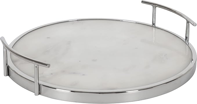Kate and Laurel Marbury Modern Round Marble Tray; 14 Inch Diameter; Silver; Decorative White Marble Tray for Display and Storage
