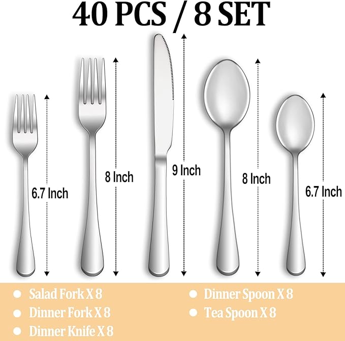 40 Piece Silverware Set Service for 8,Premium Stainless Steel Flatware Set,Mirror Polished Cutlery Utensil Set,Durable Home Kitchen Eating Tableware Set,Include Fork Knife Spoon Set,Dishwasher Safe