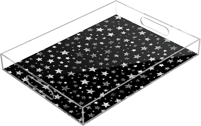 Serving Tray with Handles Clear Acrylic Tray 12x16 Inch Decorative Rectangular Tray Organizer for Ottoman Coffee Table Bathroom Sparkly Silver Stars