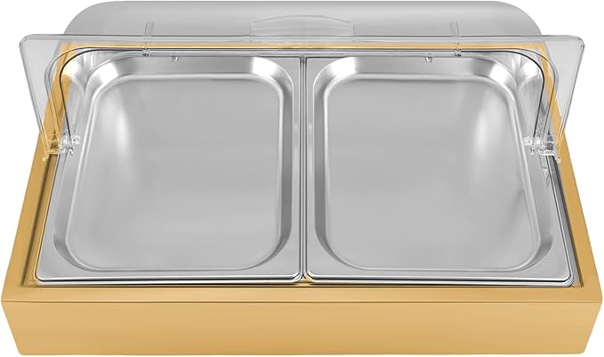 2 Pans Ice Food Serving Display Tray, Stainless Steel Countertop Food Serving Display Container Cooling Food Display Case with Lid for Buffets,Restaurants,Hotels (Gold)