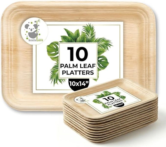 Koala love Bamboo Serving Tray and Platter Disposable Charcuterie Boards Plates and Party Platters Trays Compostable Wooden Food Platters Palm Leaf Dinner Catering Trays 10" x14" (10 pc)