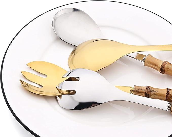 4 Piece Bamboo Handle Serving Set Utensils, 304 Stainless Steel Long Hanlde Serving Fork Spoon For Kitchen Buffet Banquet Wedding Party Cooking (4 Spoons, Silver)