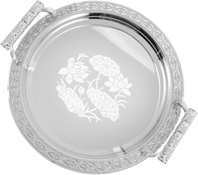 DECHOUS Floral Pattern Serving Tray Silver Snack Storage Holder for Candy Dessert Fruit Multipurpose Stainless Steel and Plastic Plate for Use