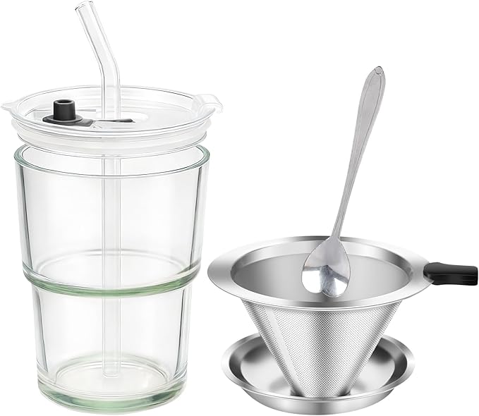 NANSPATH380ml Single-Serve Pour Over Coffee Maker, Thick Glass Drip Cup with Reusable 600-Mesh Stainless Steel Filter, Portable Coffee Brewer with Lid, Straw & Stirring Spoon (Transparent color)