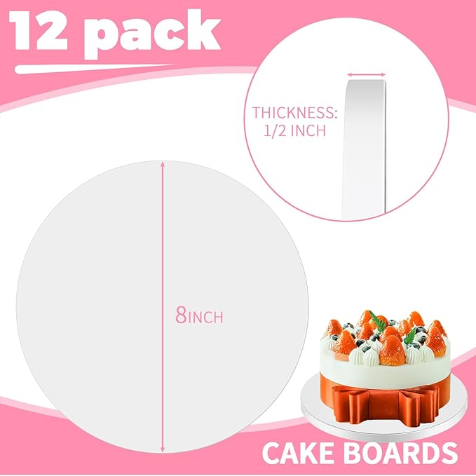 12 PCS White Cake Boards 8 Inch Cake Drums with 1/2-Inch Thick Smooth Edges for Multi Tiered Birthday Wedding Party Cakes Board. (8inch(12pack))