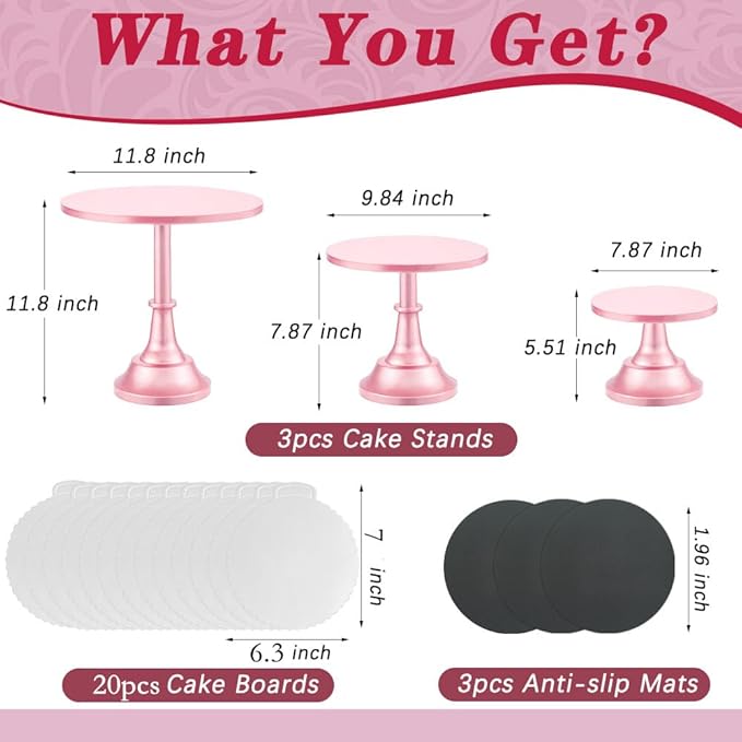 3 Pcs Cake Stand with 20Pcs Cakeboard Round, Cake Stand Set Disc Diameter 8" 10" 12", Perfect Dessert Table Display Set, Cupcake&Cake Stands for Party, Wedding, Birthday (Pink)