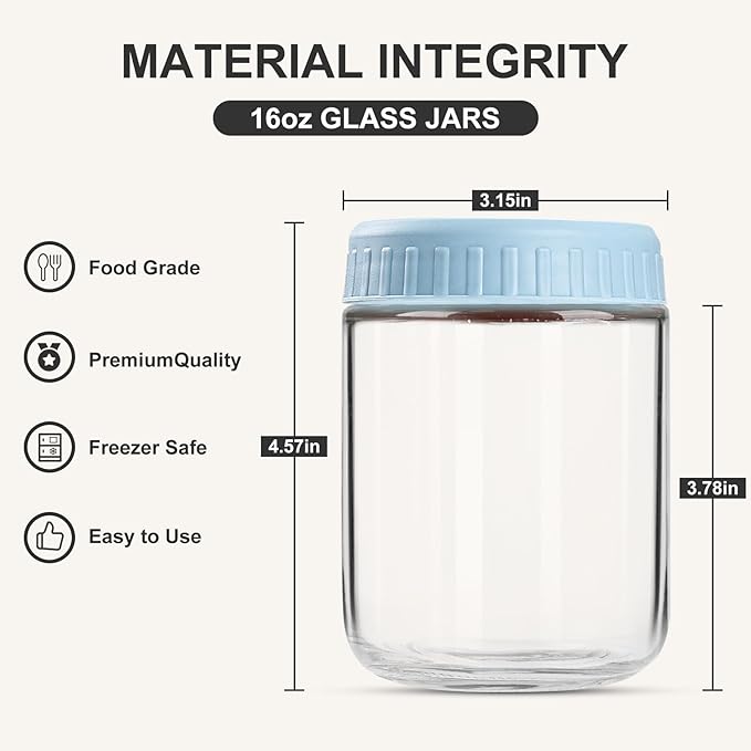 Overnight Oats Containers with Lids, 16oz Glass Jars with Lids 2 pcs, Light Blue, Wide Mouth Mason jars for Salad, Yogurt, Snacks, Meal Prep