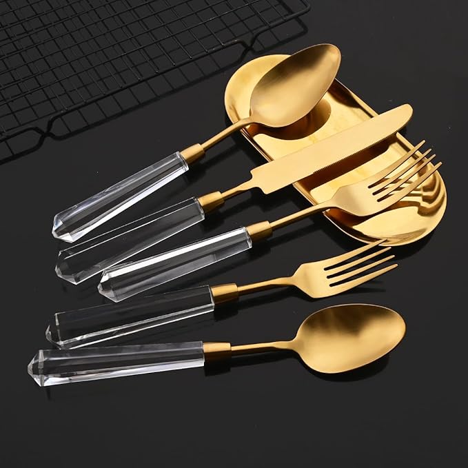 JASHII 5pcs Gold 304 Stainless Steel Flatware Cutlery Set with Transparent Acrylic Handle Diamond Shape, Matte Knife Fork Spoon Set, Dishwasher Safe for Home Wedding Hotel