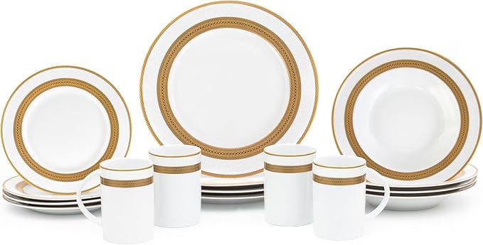 Dinnerware Set for 4 - White with Gold Rope Vintage Design - Porcelain Dish Set Tableware Setting with Mug for Every Day Use or Formal Occasions (Rope 2016, 16 PIECE SET)