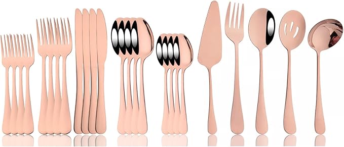 JASHII 25-Piece Fork Spoon Knife Silverware Set with Serving Utensils for 4, Food Grade Stainless Steel Flatware Cutlery Set for Home and Restaurant, Dishwasher Safe - Shiny Rose Gold