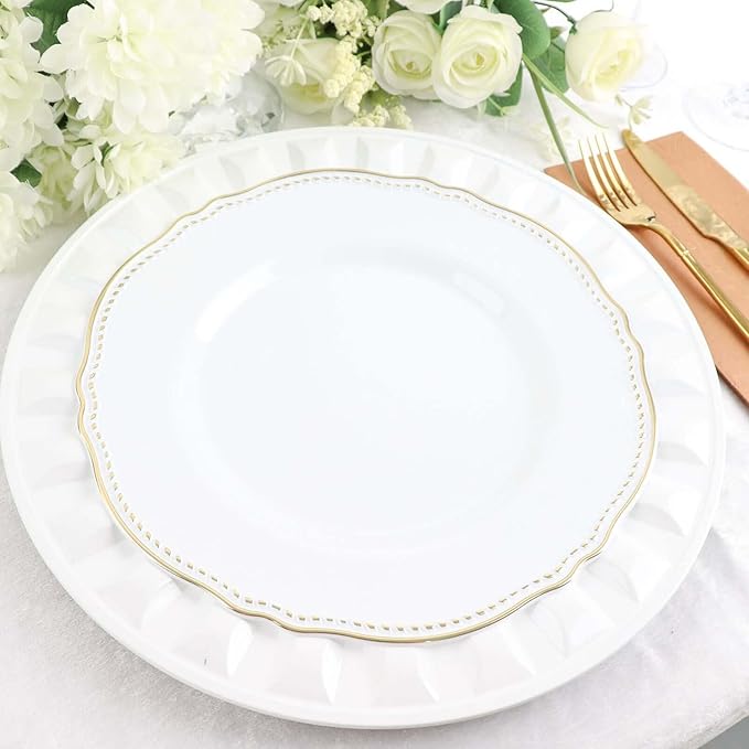 Efavormart 6 Pack | 13" White Round Bejeweled Rim Plastic Dinner Serving Trays, Disposable Charger Plates