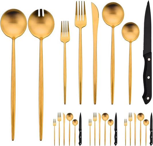 Gold Silverware Set with Serving Utensils, Uniturcky 26 Pieces Flatware Set with Steak Knives Service for 4, Kitchen Cutlery Sets with Long Handle Serving Fork and Spoon, Satin Finish