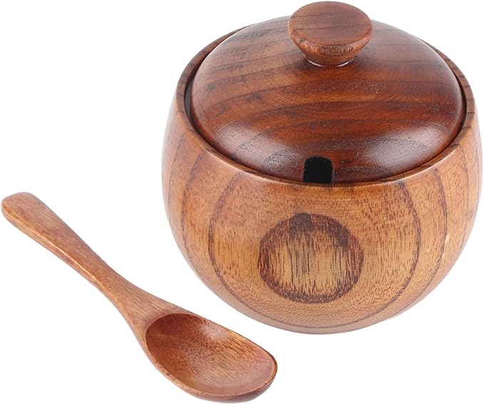 Hapivida Wood Salt Spice Box with Lid Spoon, Salt Cellar Salt Pepper Keeper Spice Bowls for Cooking Sugar Holder for Kitchen Seasoning Container Holder