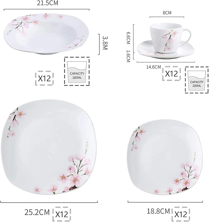 30/60-piece White Ceramic Pink Floral Porcelain Plate Set, Including 5 Dinner Plates, Soup Plates, Dessert Plates, Cups and Saucers, Serving up to 12 People, totaling 30 Pieces.,30-Piece-