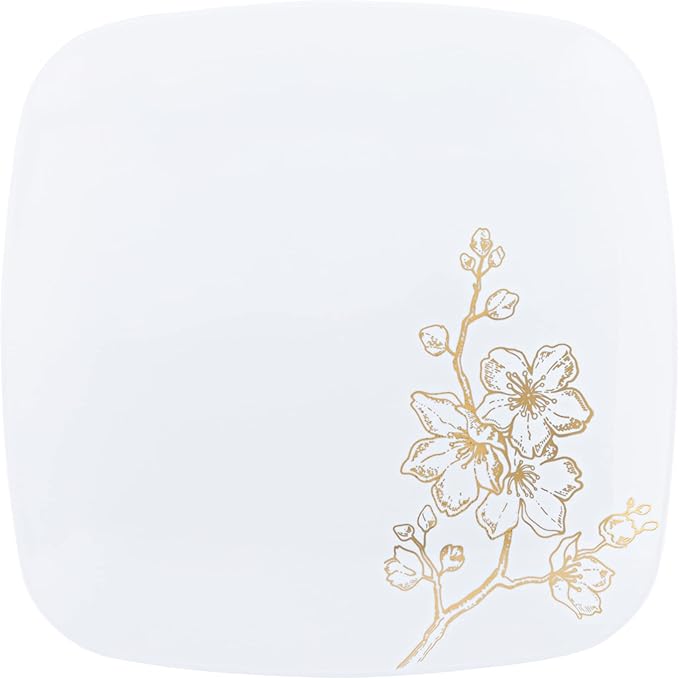 PLASTICPRO Square 128 Piece Combo Plates Set includes 64 x 7'' inch Salad Plates & 64 x 10'' inch Dinner Plate White Plastic Gold Buds Design Party Elegant, Tableware, Dishes,