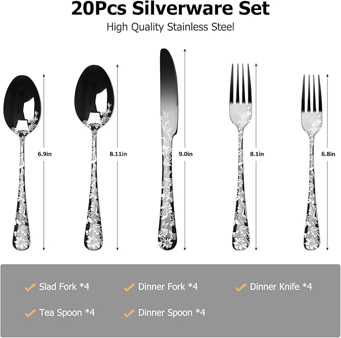 20-Piece Silverware Set, AORESAC Flatware Set for 4, Butterfly Flower Design, Mirror Polish, Forks Spoons, and Knives set for Home and Kitchen, Dishwasher Safe (Black)