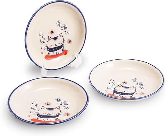 Seto Ware Small Plates with Lucky Cat Design, 3-Piece Japanese Ceramic Dish Set with Display Stand, 5.5 inch Soy Sauce & Snack Plates, Made in Japan Tableware (White/Happiness)