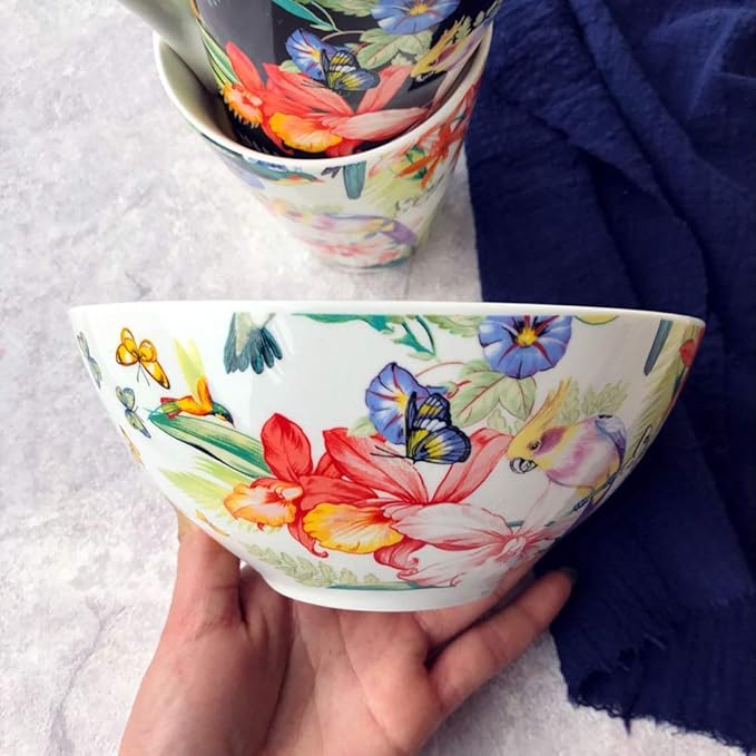 SHINING Porcelain Bone China Dinnerware Ceramic Floral Design Tableware Service Plate Mug Bowl Set (White Cereal Bowl)