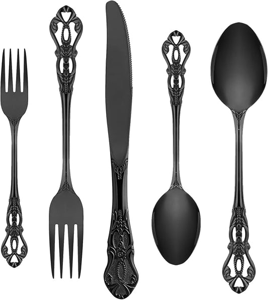 Black Silverware Set for 8, Stainless Steel Gorgeous Retro Royal Flatware Set, 40-Pieces Cutlery Tableware set, Kitchen utensils set Include Spoons And Forks Set, Mirror Finish, Dishwasher Safe