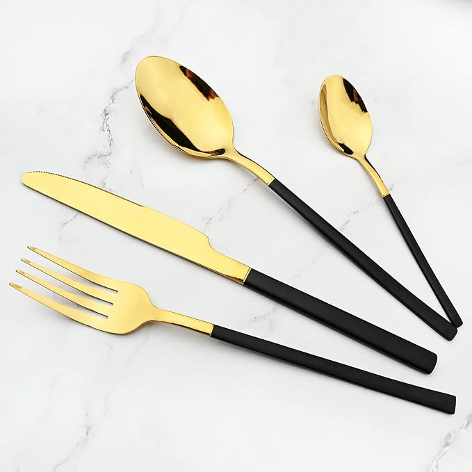 24 Piece Mirror Golden Plated 18/0 Stainless Steel Flatware Set, Black Handle With Golden Mouth Silverware Set With Teaspoon Cutlery Set Service for 6