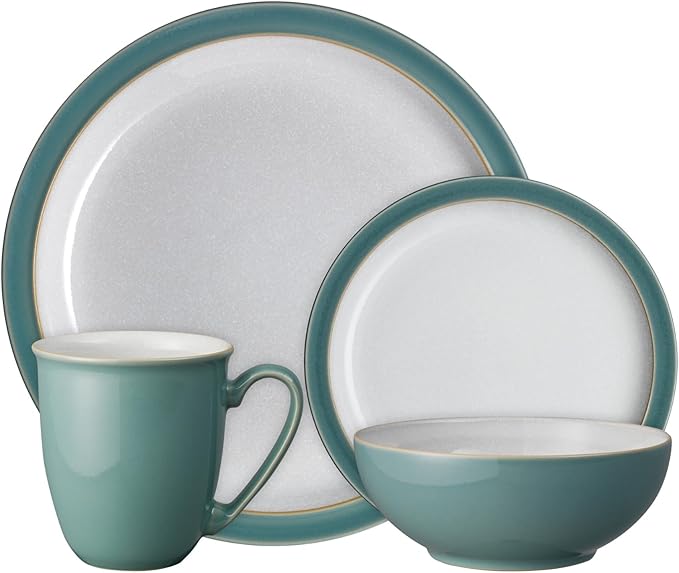 Denby - Elements Fern Green Dinner Set For 1-4 Piece Ceramic Tableware - Dishwasher Microwave Safe Crockery Single Place Setting - 1 x Dinner Plate, 1 x Small Plate, 1 x Cereal Bowl, 1 x Coffee Mug