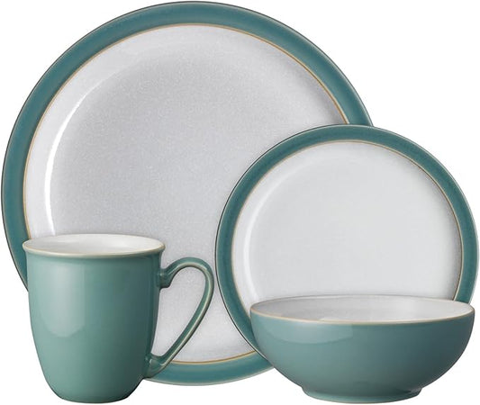 Denby - Elements Fern Green Dinner Set For 1-4 Piece Ceramic Tableware - Dishwasher Microwave Safe Crockery Single Place Setting - 1 x Dinner Plate, 1 x Small Plate, 1 x Cereal Bowl, 1 x Coffee Mug