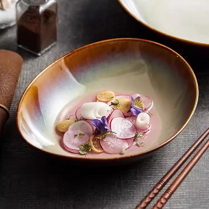 SONGCHAO Party Supplies Creative Kiln Color Changing Plate Home Oval Dish Plate Ceramic Deep Soup Plate Salad Plate Restaurant Plate Party Plates (Color : 10.7inch)
