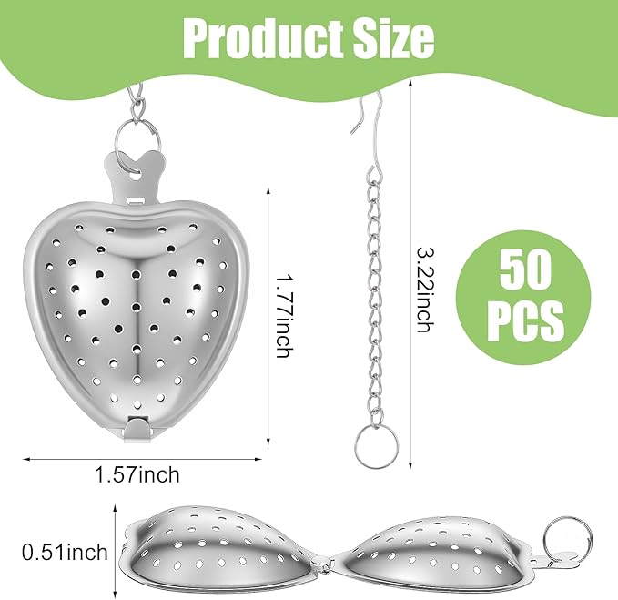 50 Pcs Stainless Steel Heart Shaped Tea Infuser, Loose Leaf Steeper with Mesh Filter and Extended Chain Hook for Cup Bottle Tea Party, Silver
