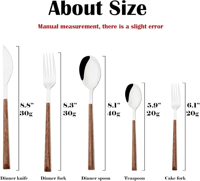 Korean Style Wood Flatware Stainless Steel Fork/Spoon/Knife/Teaspoon with Wooden Square Handle Cutlery Set of 4 Dinnerware for Home, Kitchen, Restaurant, Gift - Silver
