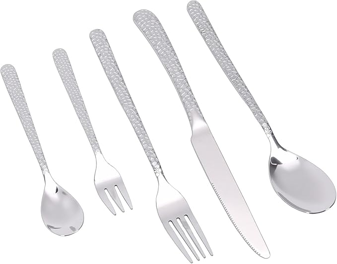 Zerodis Hammered Silverware Set for 4, Serving Sets Cutlery Set Include Forks and Spoons Knives Flatware for Home, Party, Wedding, Mirror Polished Dishwasher Safe Hammered Silverware (Silver)