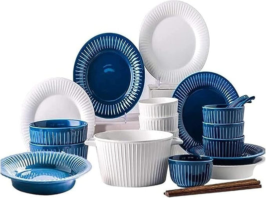Dinnerware Set Dinner Party Tableware Service Set 26pcs Dinnerware Sets for 5, Ceramics Dinner Set, Tableware Set in French Style, Blue White Stripe Plates and Bowls Set, FPYY2024040817