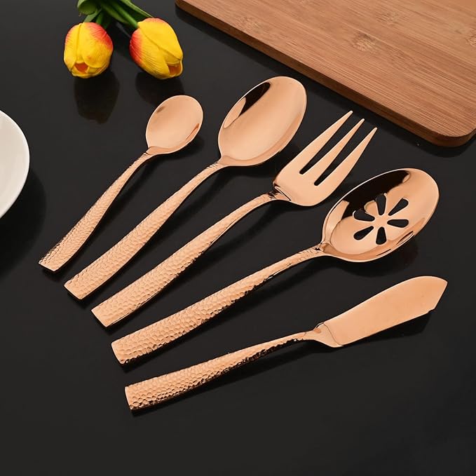 JASHII 5-Piece Rose Gold Hammered Flatware Hostess Set Stainless Steel Serving Fork Slotted Serving Spoon Butter Knife Teaspoon Set for Buffet Party Mirror Polished Dishwasher Safe