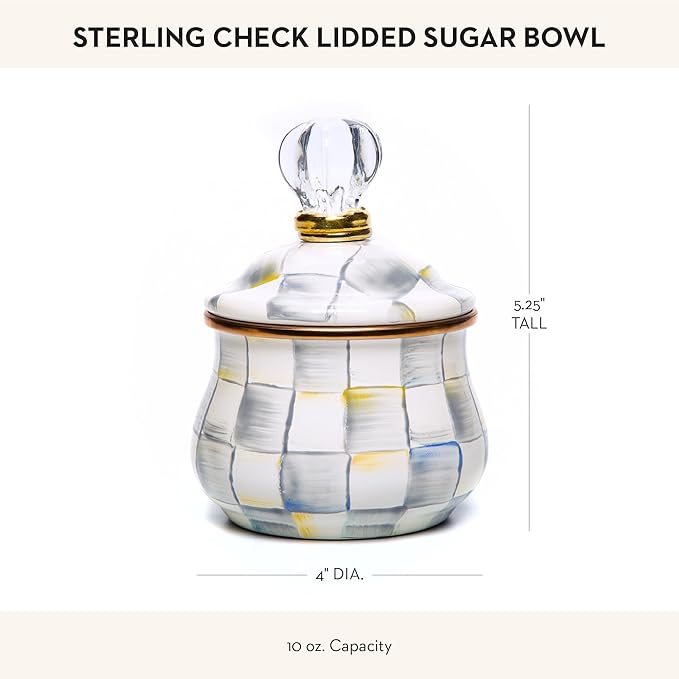 MACKENZIE-CHILDS Enamel Lidded Sugar Bowl, Small Serving Bowl with Lid, 10-Ounce Capacity, Gray-and-White Sterling Check