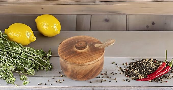 Decorative Rustic Wooden Sugar Bowl & Spoon With Lid Wide Mouth Candy Treat Jar Spice Jar Holder Condiment Nuts Serving Bowl Pot Salt Spice Herb Loose Leaf Tea Storage Container Novelty Home & Kitchen