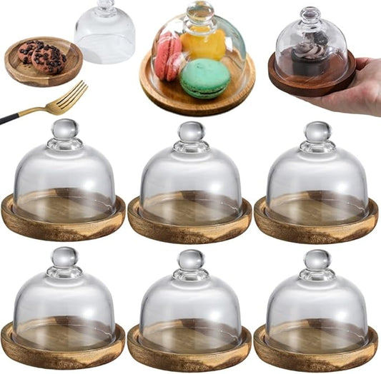 Charcuterie Snow Globes, Glass Cake Stand with Dome, Wood Cake Stands with Lid, Mini Clear Glass Display Candy Domes, Snow Globe Container for Cheese Snacks and Holiday Table Decor(Wood*6)