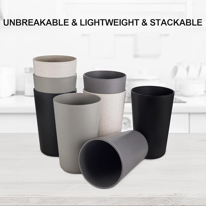greenandlife Premium Wheat Straw Cups 20 oz Set of 8 Alternative to Plastic Cups Reusable Unbreakable Drinking Cup Dishwasher Safe Water Glasses Tumblers, Grey and Black