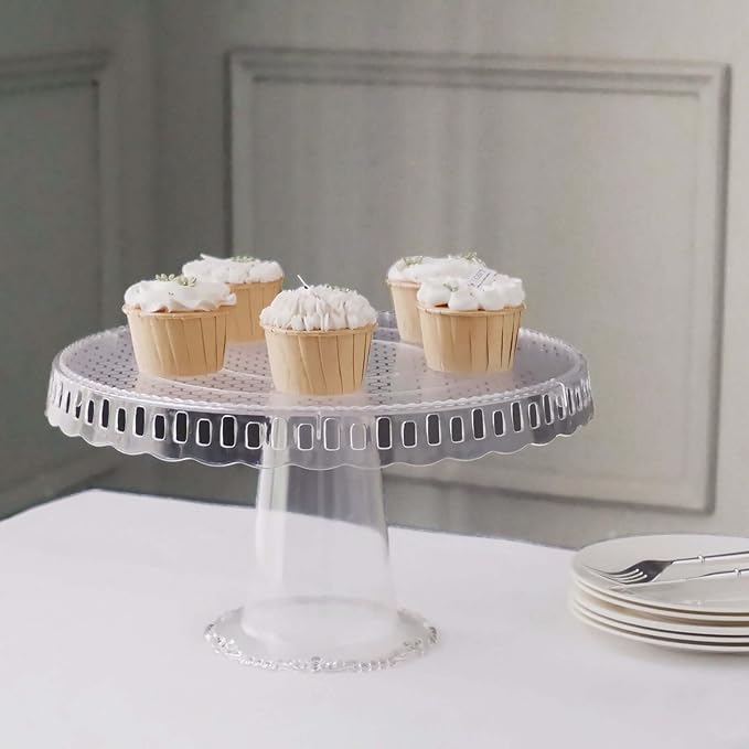 Efavormart 4 Pack | 13" Clear Round Pedestal Footed Reusable Plastic Cupcake Stands with Interchangeable Ribbon Trim Edge